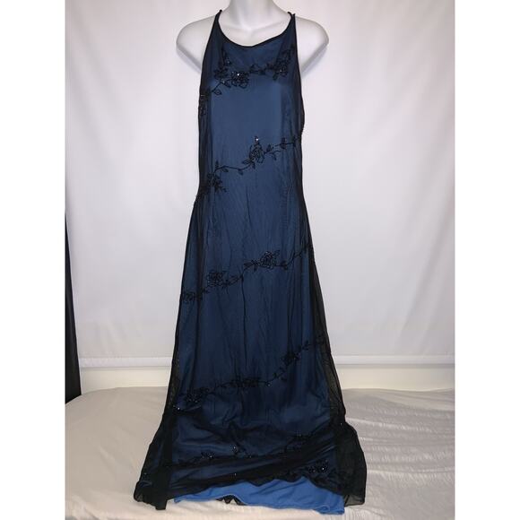 Vintage Reggio Prom Dress Maxi Gown 12 Blue Black Goth 90s Y2K Floral Mesh Bead - Picture 1 of 9